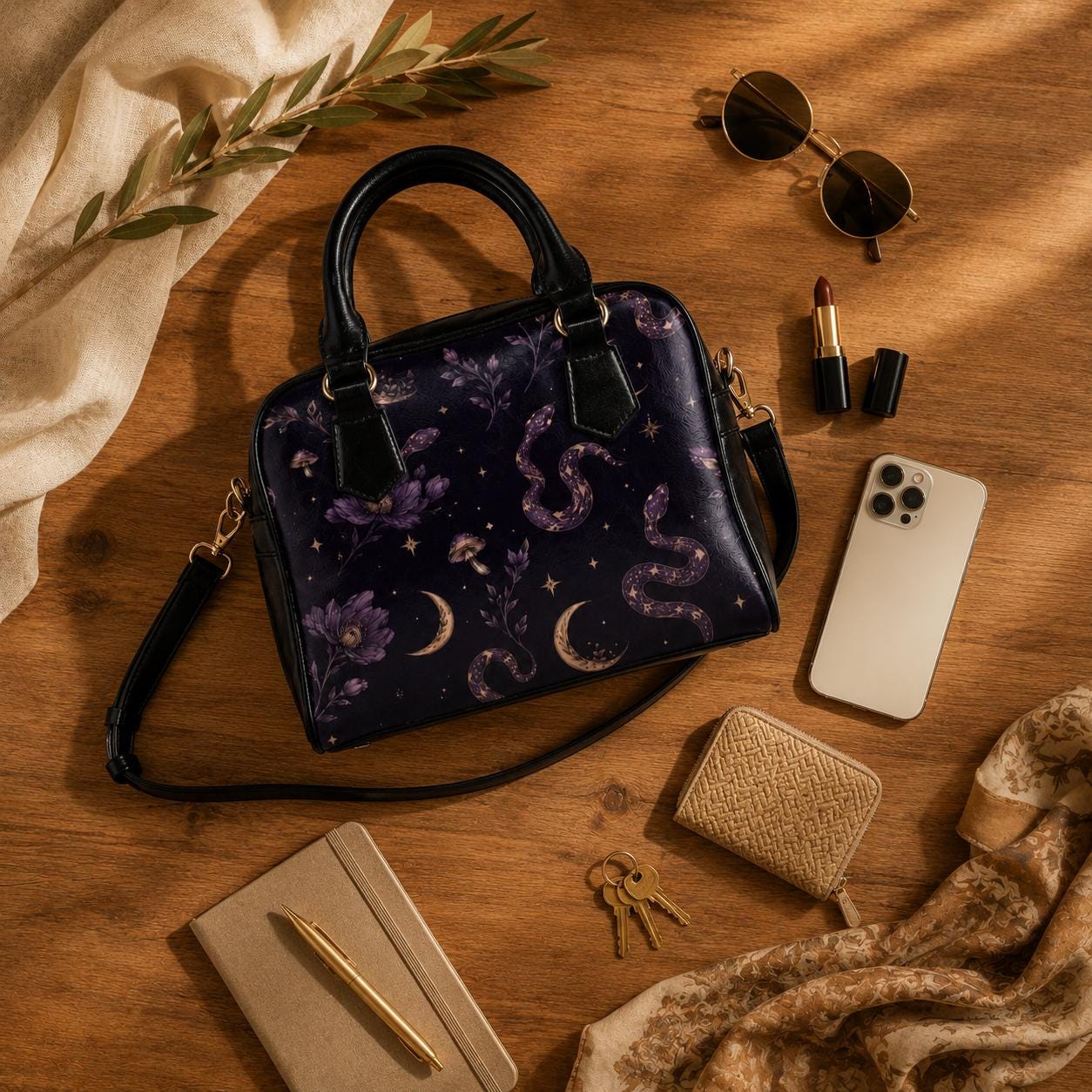Celestial Snake Handbag, Witchy Moon Zip Top Purse, Purple Floral Serpent Print Satchel