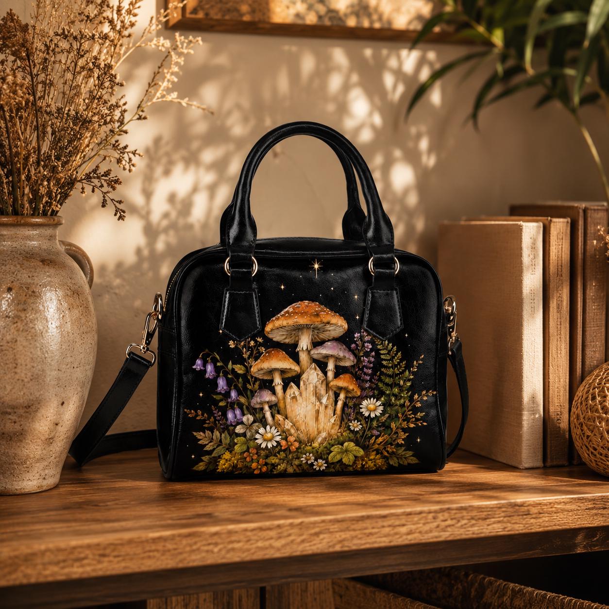 Fairycore Mushroom Crystal Handbag, Woodland Wildflower Faux Leather Shoulder Bag