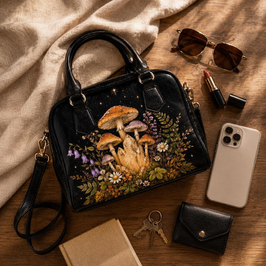 Fairycore Mushroom Crystal Handbag, Woodland Wildflower Faux Leather Shoulder Bag