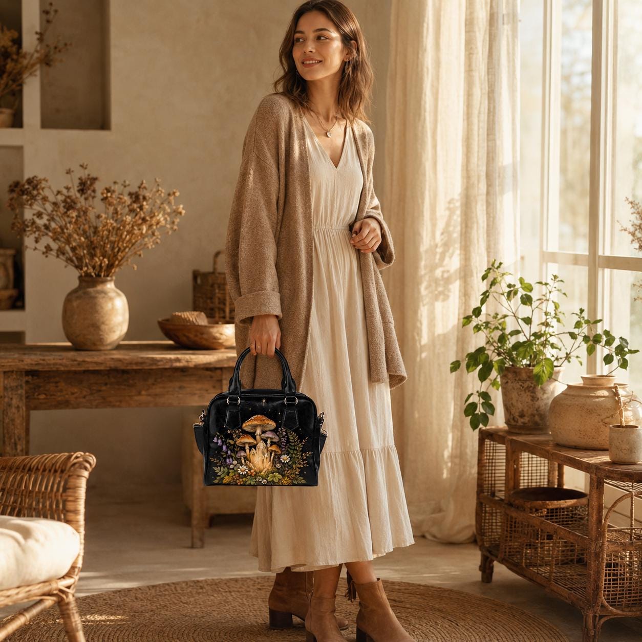 Fairycore Mushroom Crystal Handbag, Woodland Wildflower Faux Leather Shoulder Bag