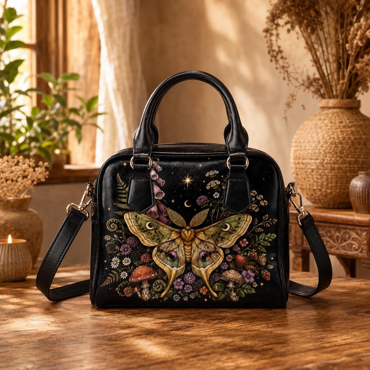 Luna Moth Satchel Handbag, Botanical Fairycore Wildflower Garden Print Purse