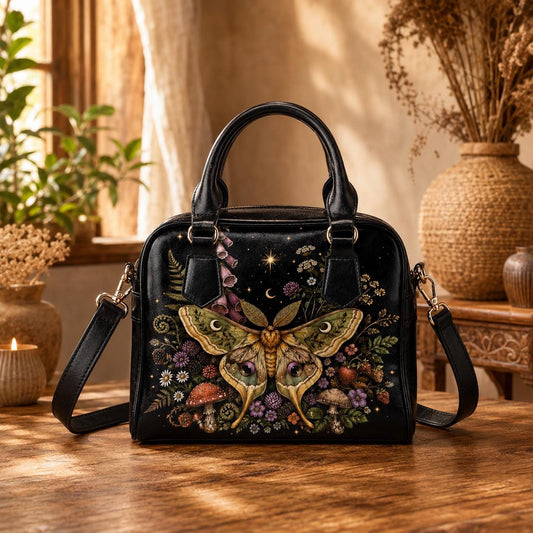 Luna Moth Satchel Handbag, Botanical Fairycore Wildflower Garden Print Purse