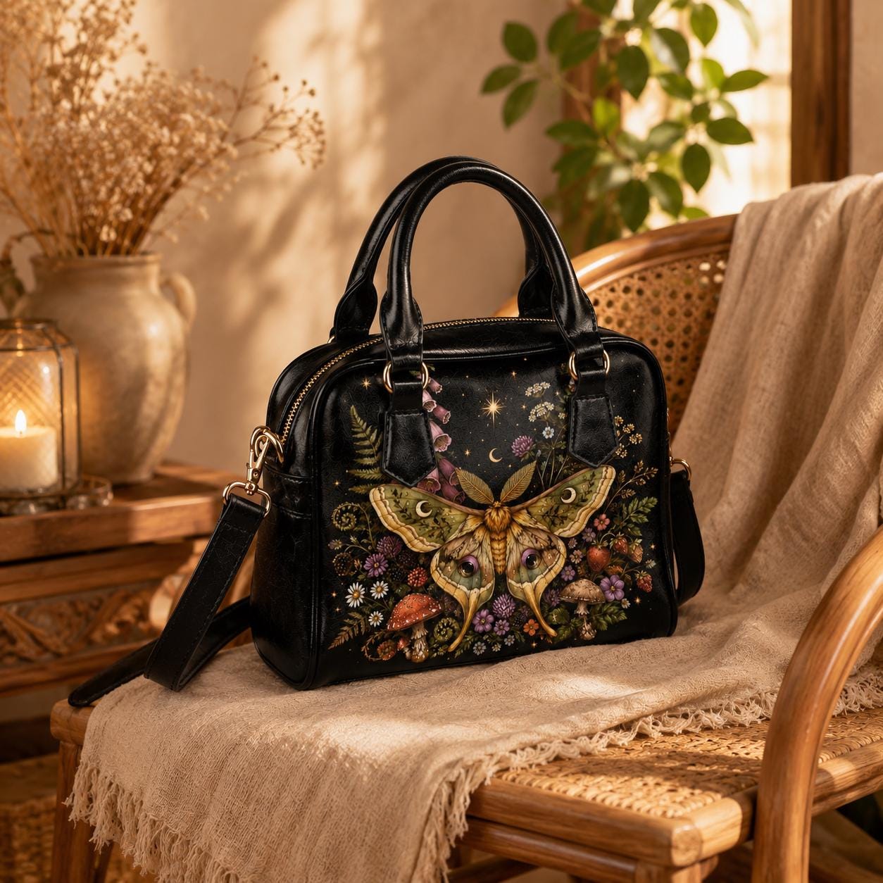 Luna Moth Satchel Handbag, Botanical Fairycore Wildflower Garden Print Purse