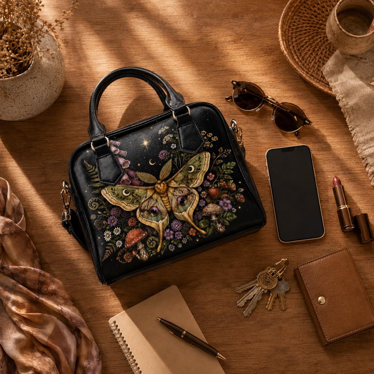Luna Moth Satchel Handbag, Botanical Fairycore Wildflower Garden Print Purse