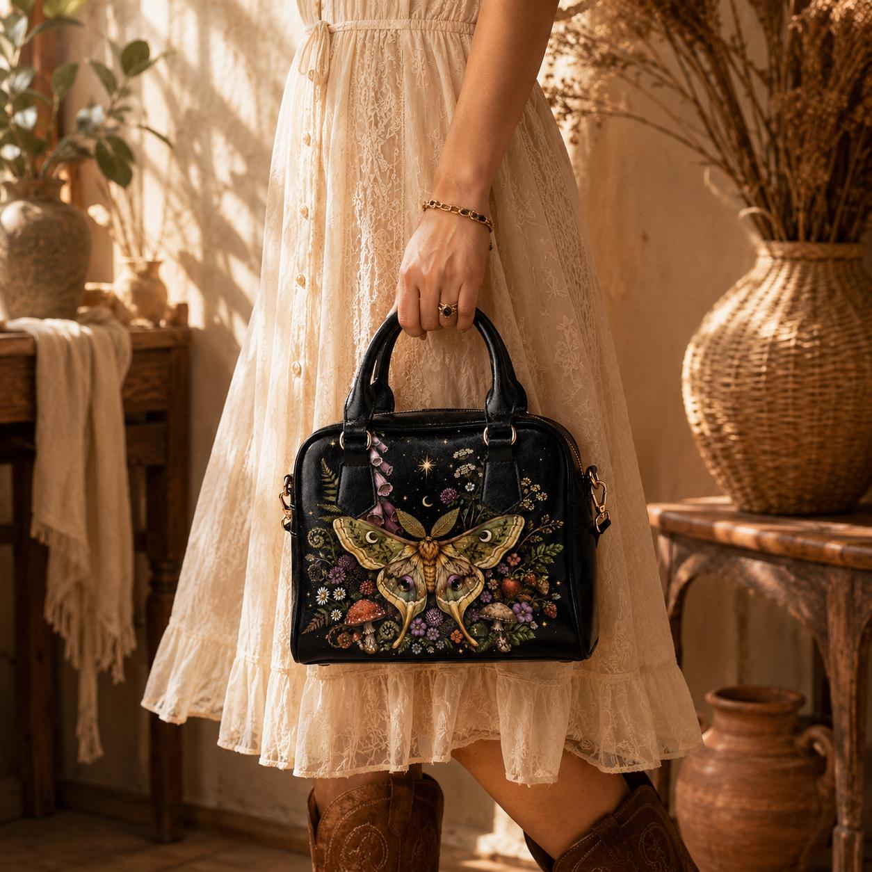 Luna Moth Satchel Handbag, Botanical Fairycore Wildflower Garden Print Purse