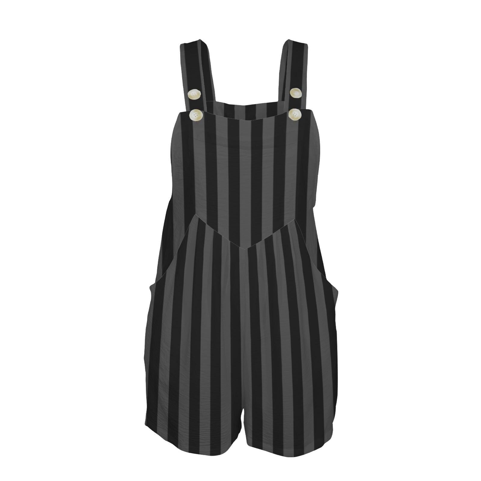 Striped Short Overalls, Black Grey Sleeveless Bib Playsuit, Women's Summer Romper
