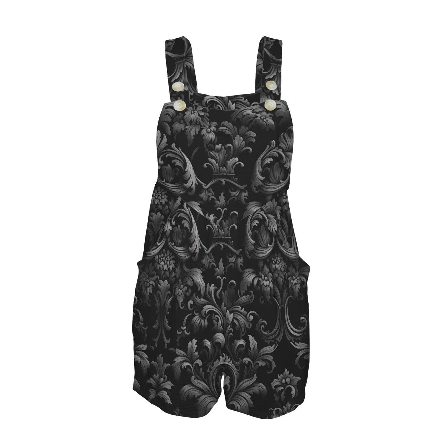 Black Damask Overall Romper with Front Pockets and Buttoned Straps