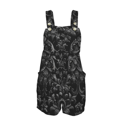 Black Damask Overall Romper with Front Pockets and Buttoned Straps
