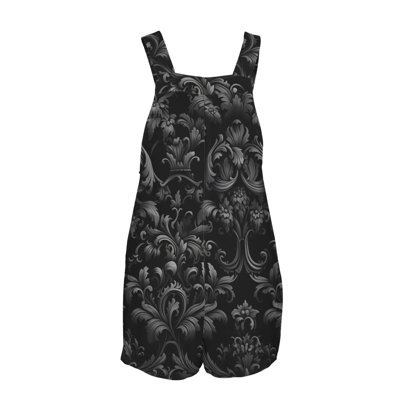 Black Damask Overall Romper with Front Pockets and Buttoned Straps