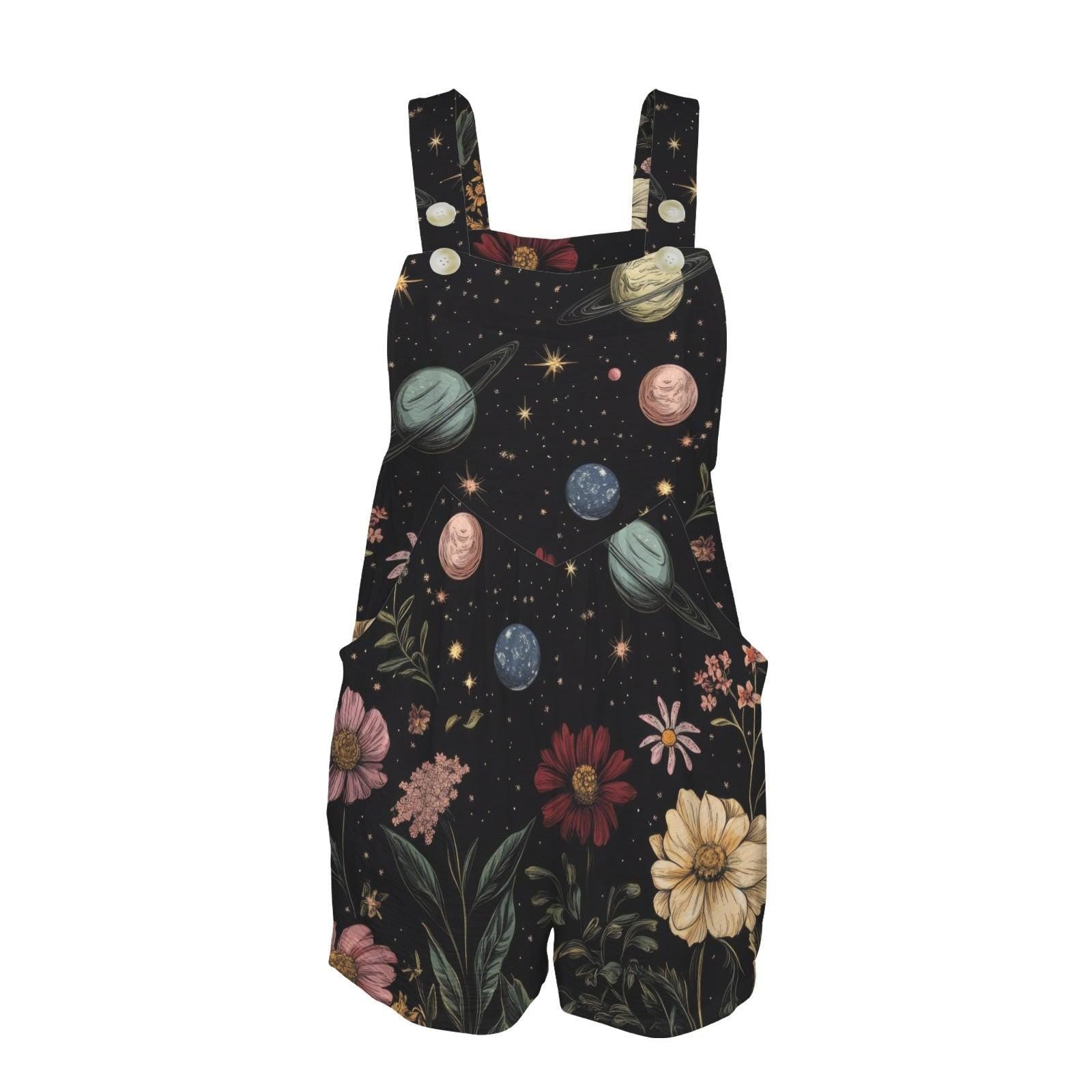 Celestial Floral Shortalls, Cosmic Planet Print Romper, Cottagecore Summer Style