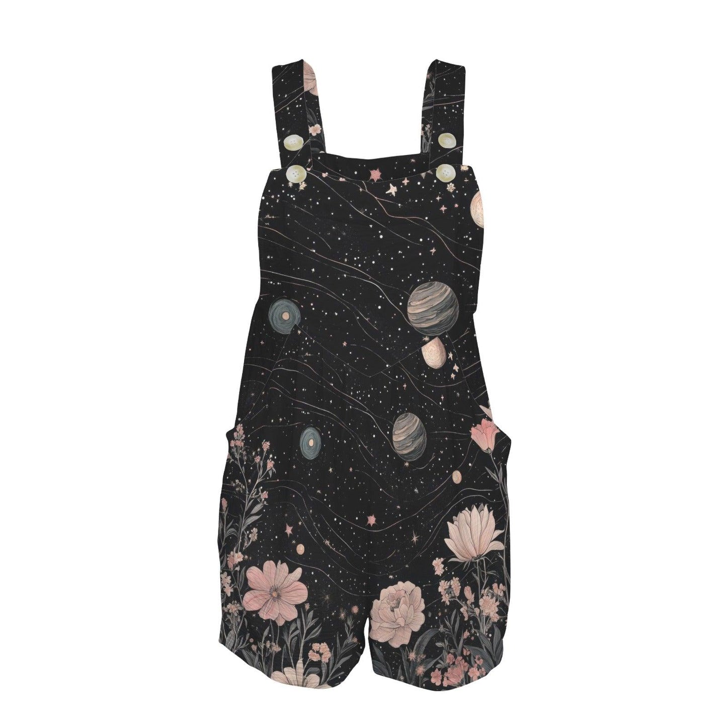 Cosmic Floral Romper Shorts, Planet Solar System Print Overalls