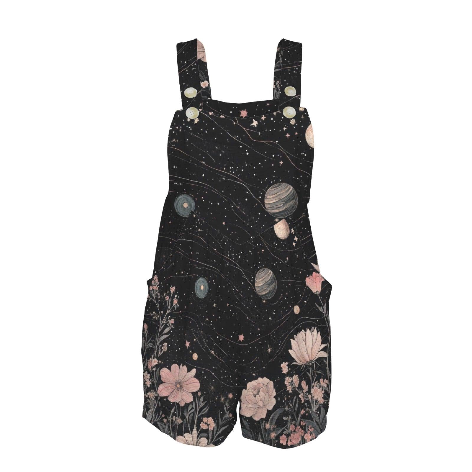 Cosmic Floral Romper Shorts, Planet Solar System Print Overalls