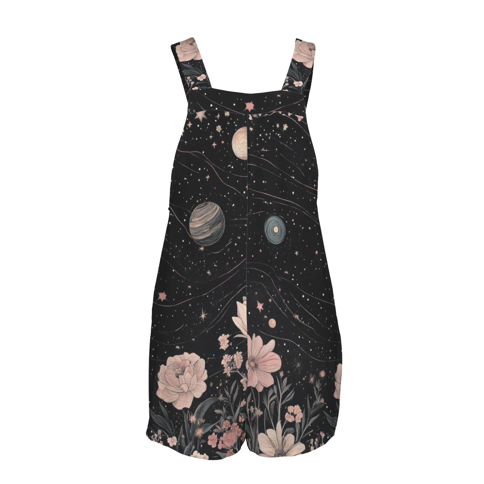 Cosmic Floral Romper Shorts, Planet Solar System Print Overalls