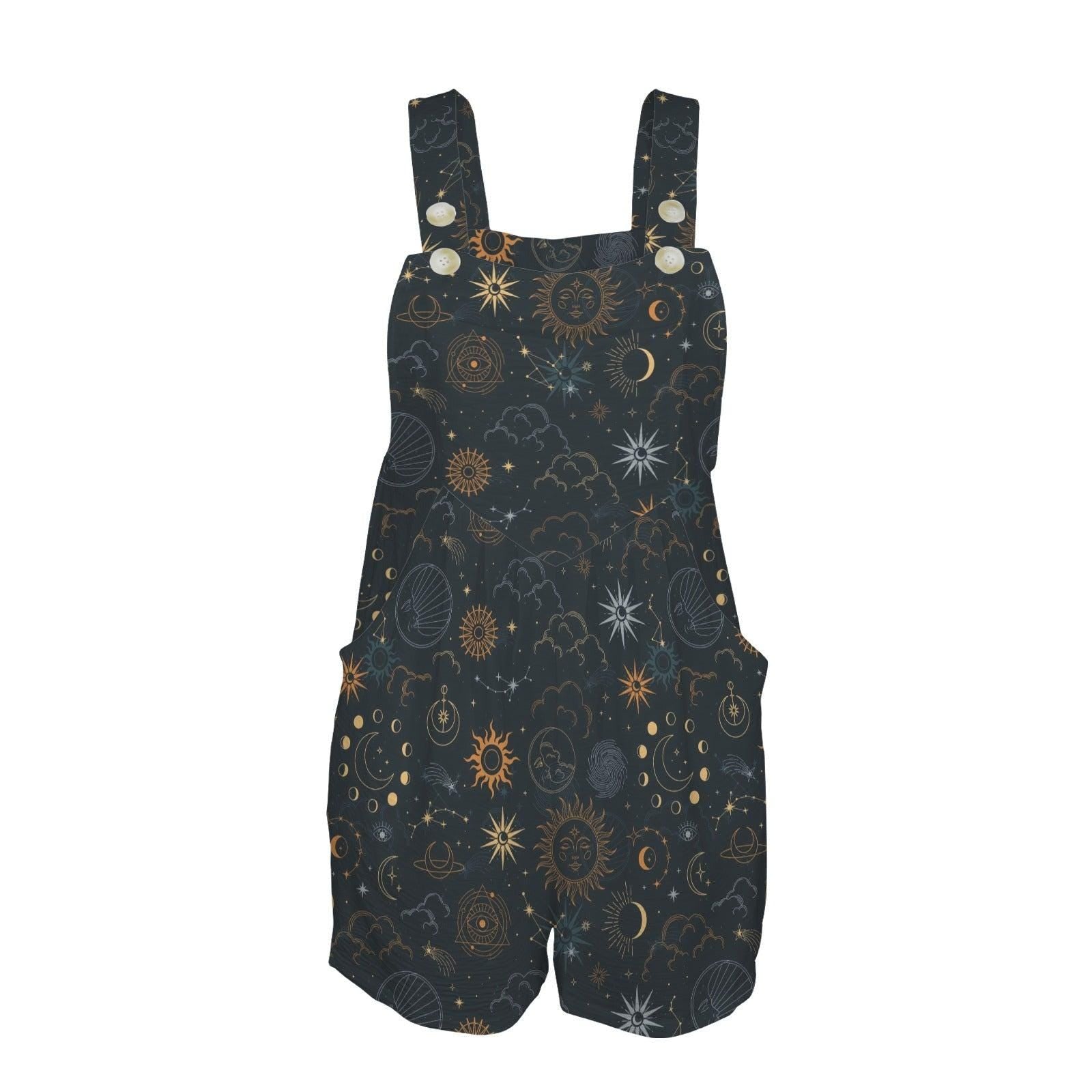 Celestial Sun Moon Star Shortalls, Black Night Sky Playsuit, Summer Witchy Style