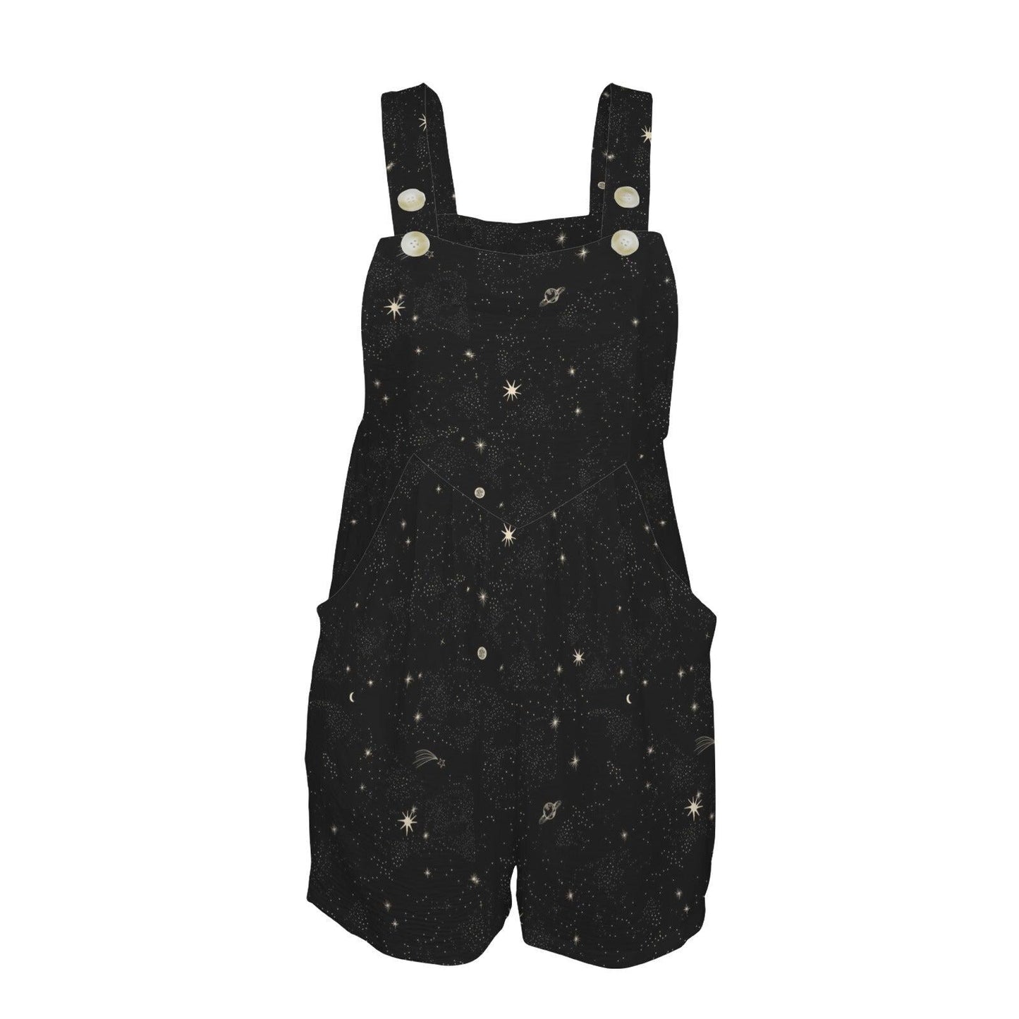 Black Star Print Short Overalls, Celestial Cosmic Playsuit, Summer Romper