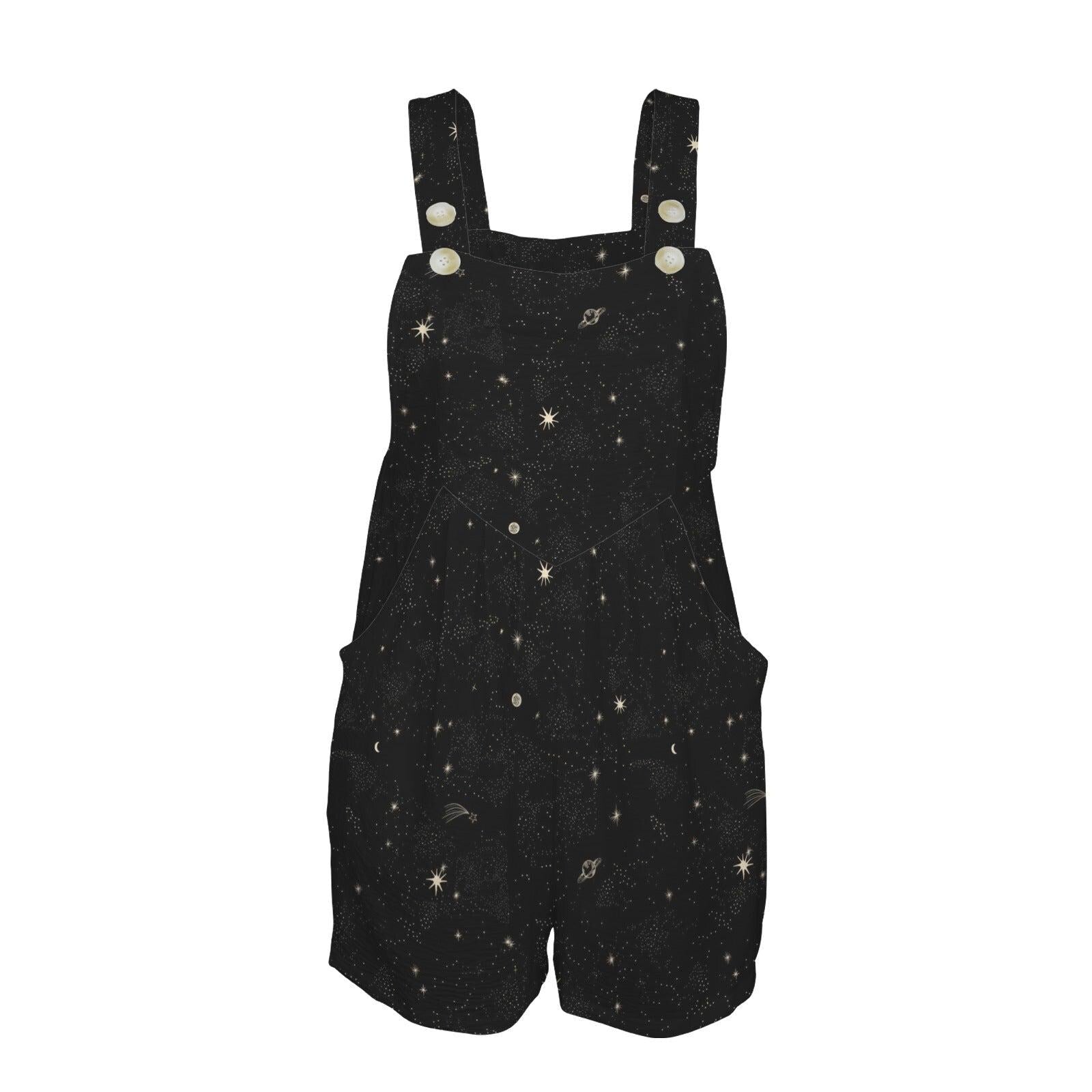 Black Star Print Short Overalls, Celestial Cosmic Playsuit, Summer Romper