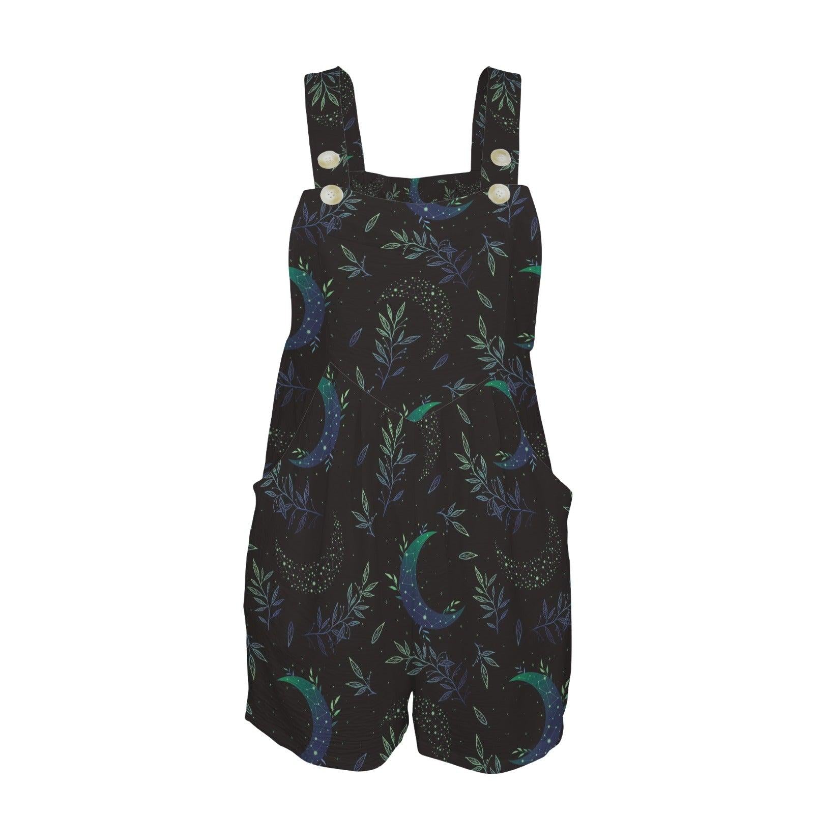 Celestial Botanical Moon Overall Shorts with Pockets, Witchy Summer Shortalls