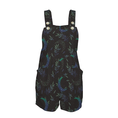 Celestial Botanical Moon Overall Shorts with Pockets, Witchy Summer Shortalls