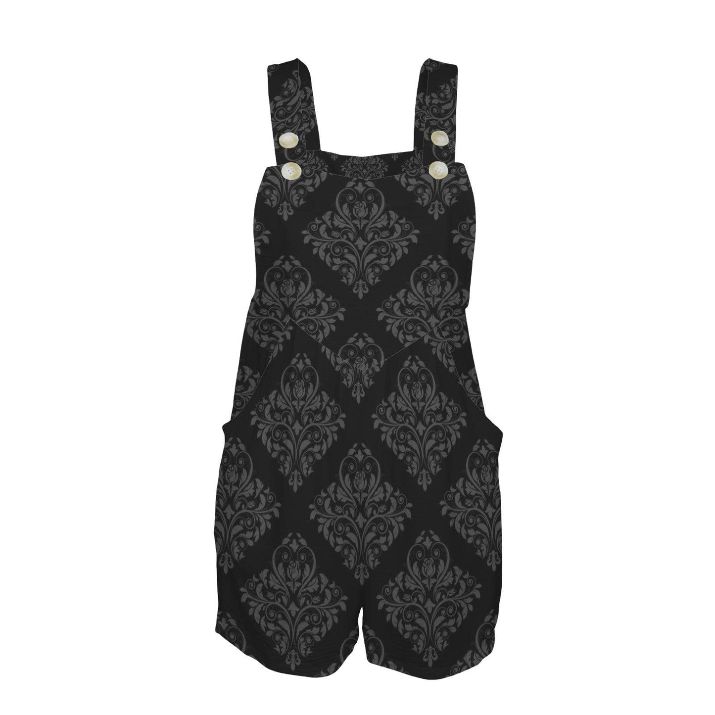 Black Gothic Damask Overall Romper, Whimsigoth Sleeveless Shorts Bib