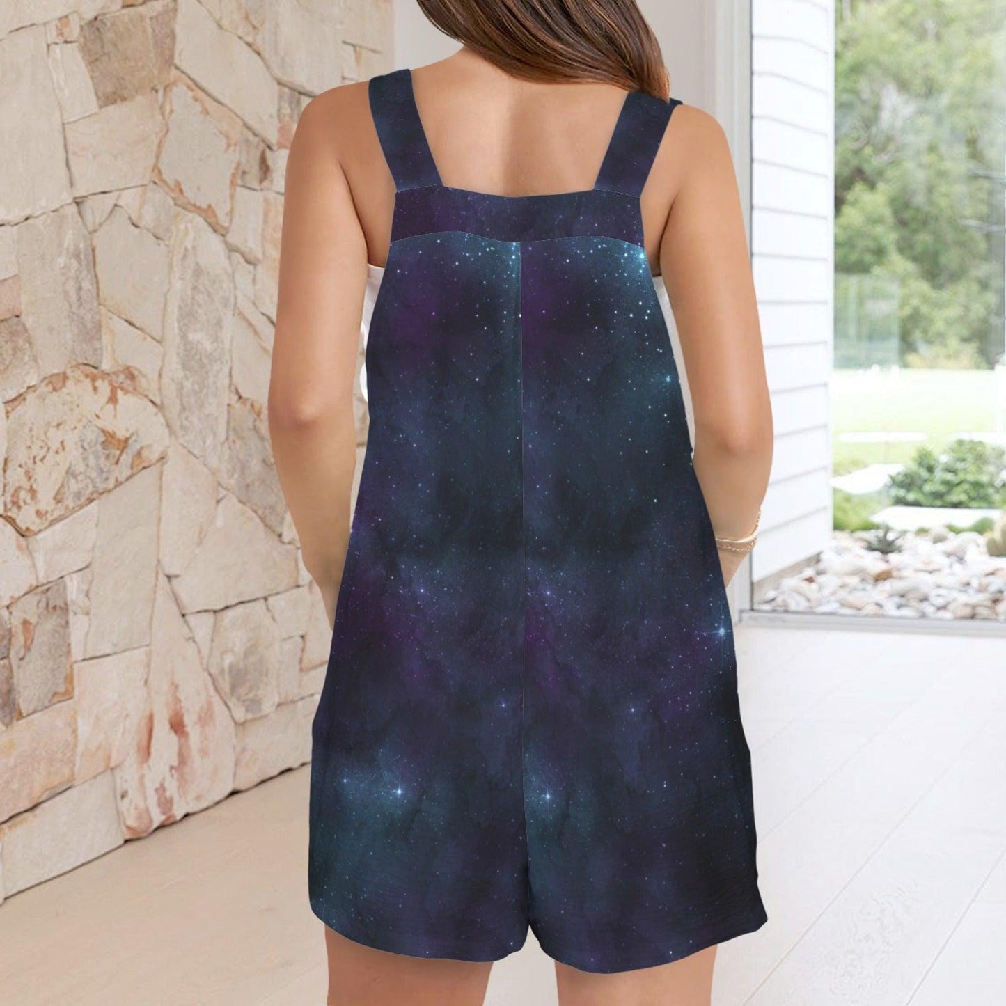 Galaxy Print Romper, Nebula Space Shortalls with Pockets, Sleeveless Summer Festival Wear
