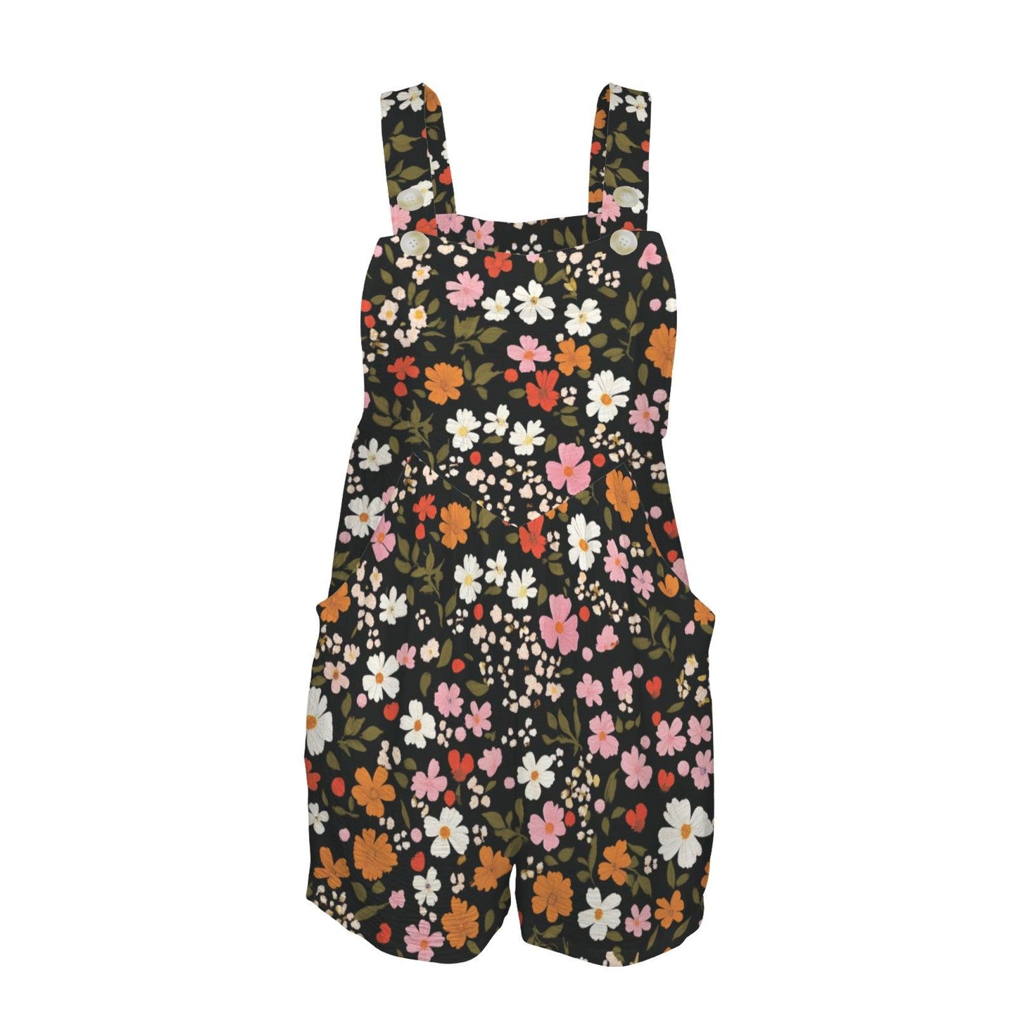 Retro Floral Short Romper, Black Daisy Print, Square Neck, Pockets