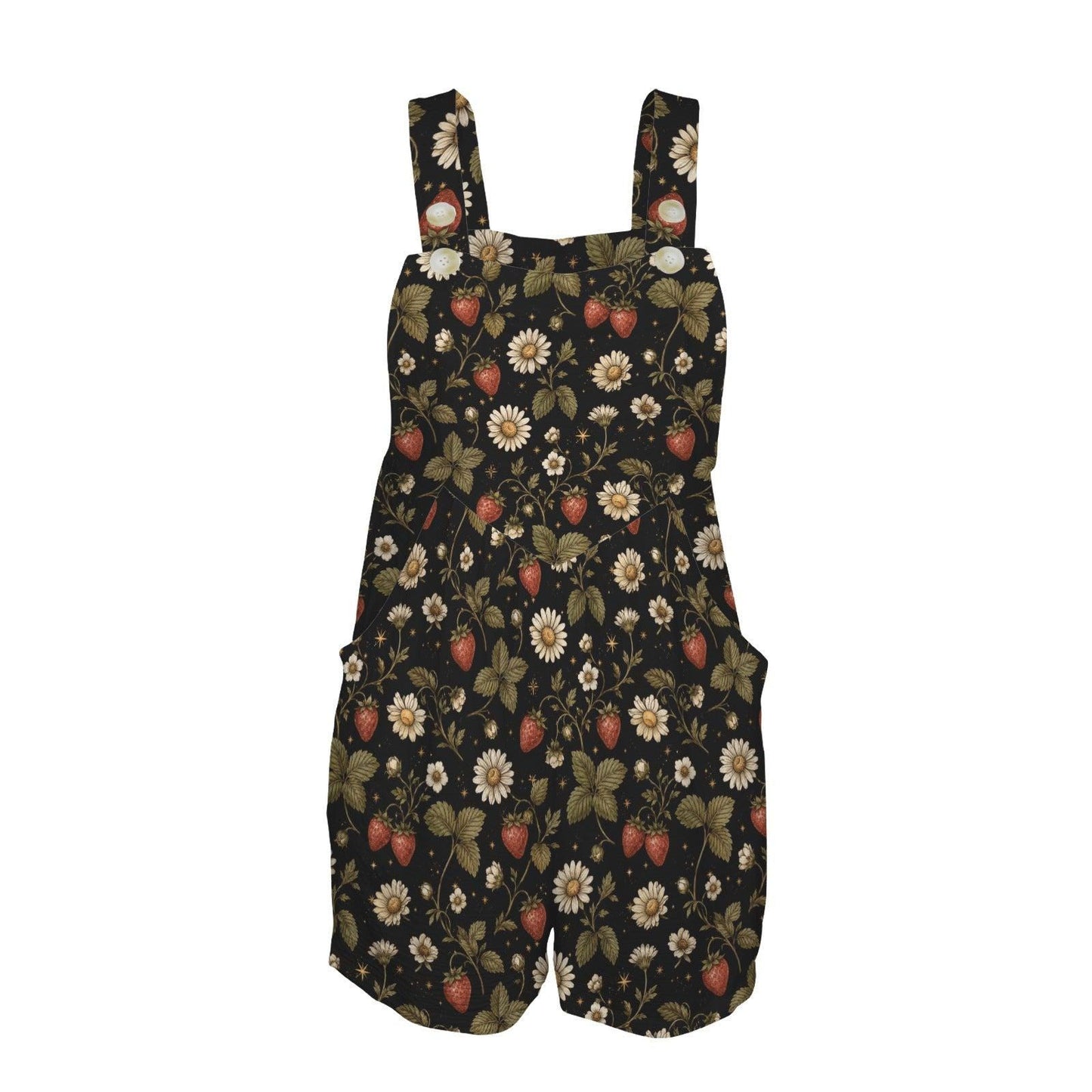 Black Strawberry Daisy Print Romper, Cottagecore Shortalls with Pockets