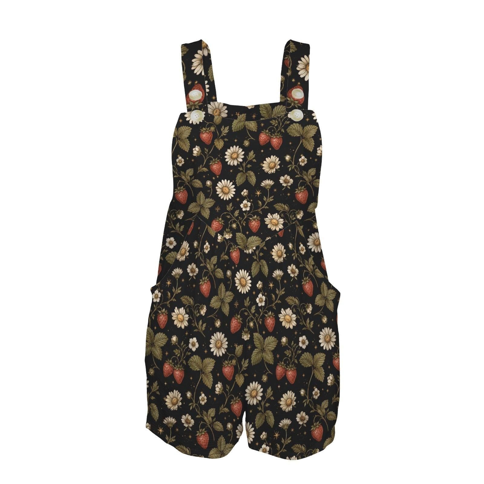 Black Strawberry Daisy Print Romper, Cottagecore Shortalls with Pockets