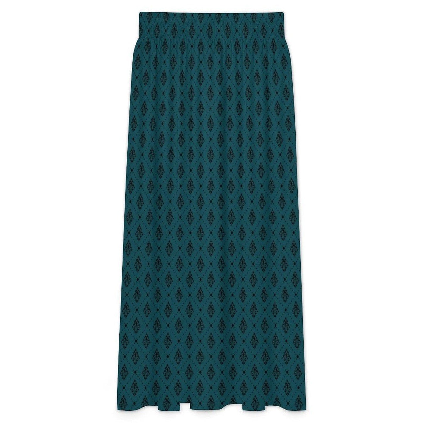 Teal Boho Maxi Skirt, Dark Diamond Print High Waist Skirt, Flowy Ankle Length Skirt for Summer Travel Outfits