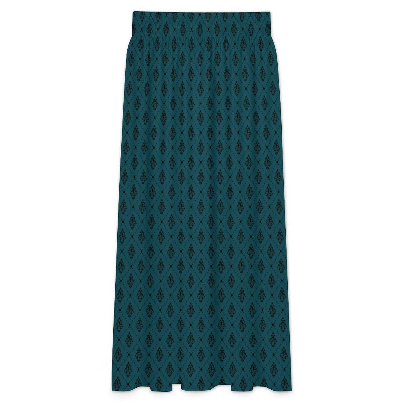 Teal Boho Maxi Skirt, Dark Diamond Print High Waist Skirt, Flowy Ankle Length Skirt for Summer Travel Outfits