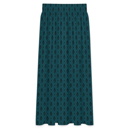 Teal Boho Maxi Skirt, Dark Diamond Print High Waist Skirt, Flowy Ankle Length Skirt for Summer Travel Outfits