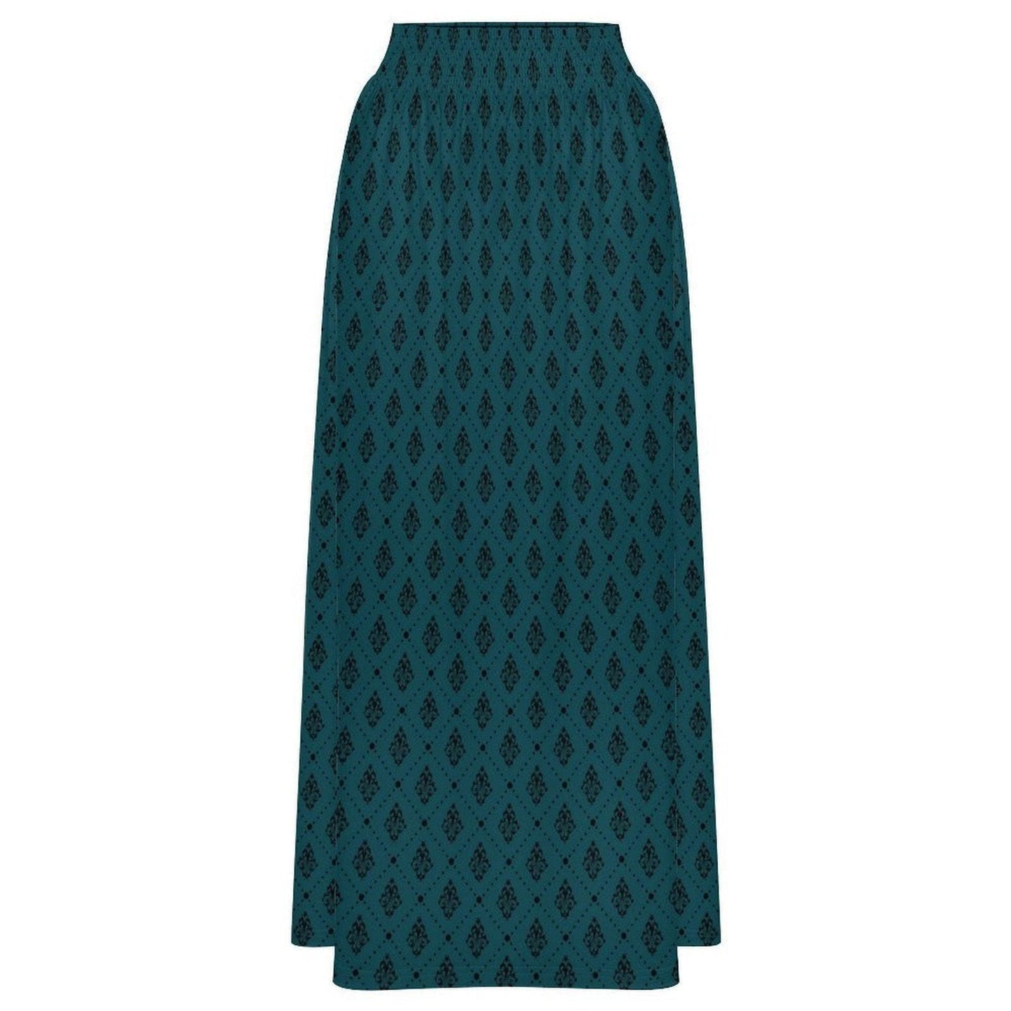 Teal Boho Maxi Skirt, Dark Diamond Print High Waist Skirt, Flowy Ankle Length Skirt for Summer Travel Outfits