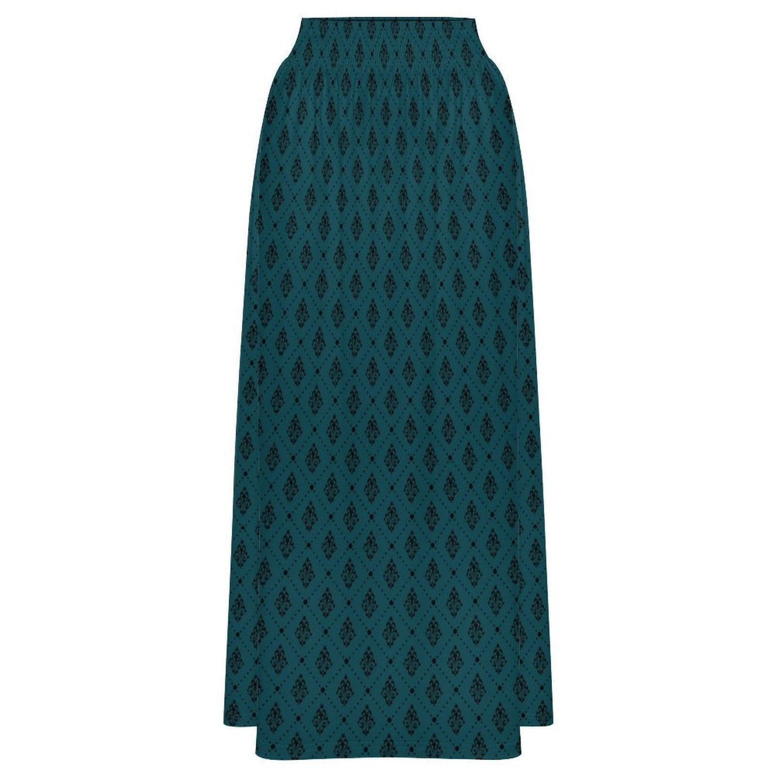 Teal Boho Maxi Skirt, Dark Diamond Print High Waist Skirt, Flowy Ankle Length Skirt for Summer Travel Outfits