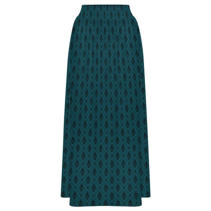 Teal Boho Maxi Skirt, Dark Diamond Print High Waist Skirt, Flowy Ankle Length Skirt for Summer Travel Outfits