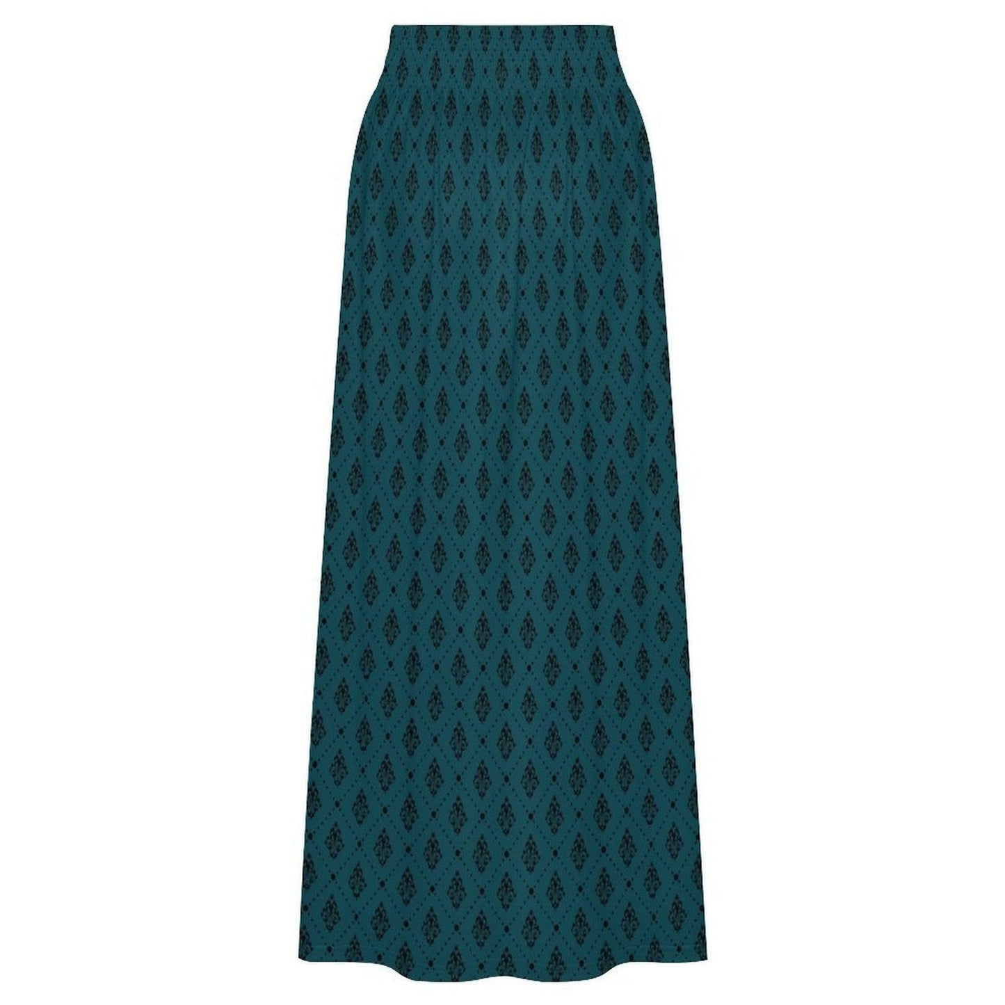 Teal Boho Maxi Skirt, Dark Diamond Print High Waist Skirt, Flowy Ankle Length Skirt for Summer Travel Outfits