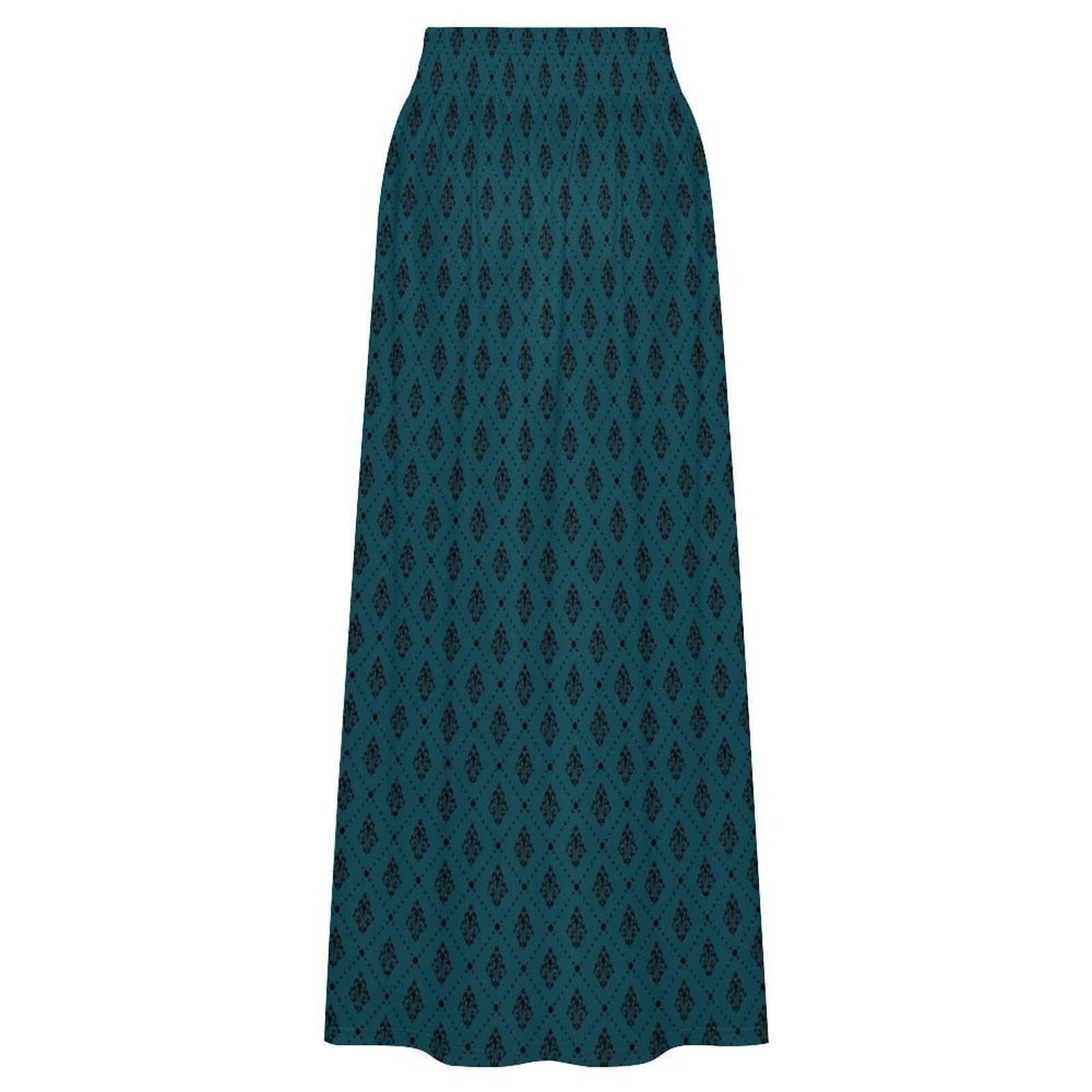 Teal Boho Maxi Skirt, Dark Diamond Print High Waist Skirt, Flowy Ankle Length Skirt for Summer Travel Outfits