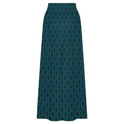 Teal Boho Maxi Skirt, Dark Diamond Print High Waist Skirt, Flowy Ankle Length Skirt for Summer Travel Outfits