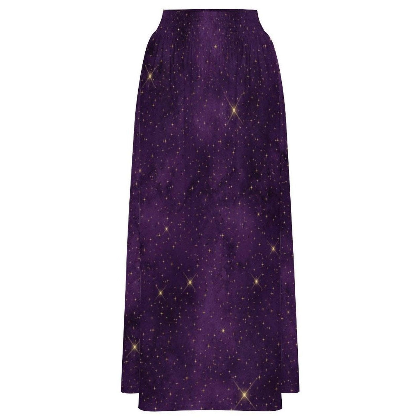 Purple Star Print Maxi Skirt, Celestial High Waist A Line, Cosmic Boho Festival Style