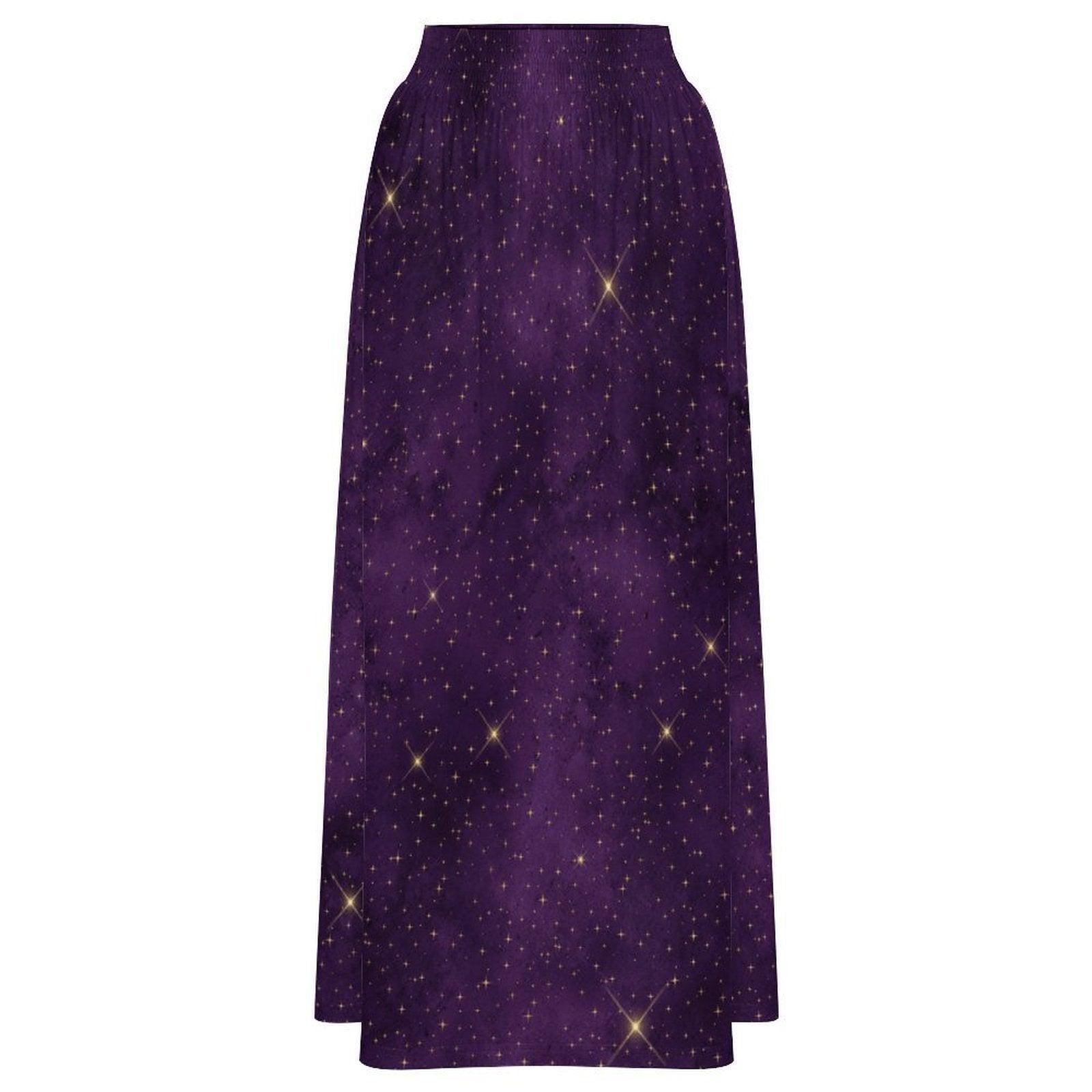 Purple Star Print Maxi Skirt, Celestial High Waist A Line, Cosmic Boho Festival Style