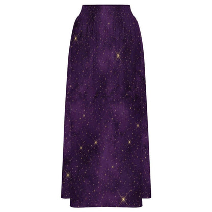 Purple Star Print Maxi Skirt, Celestial High Waist A Line, Cosmic Boho Festival Style