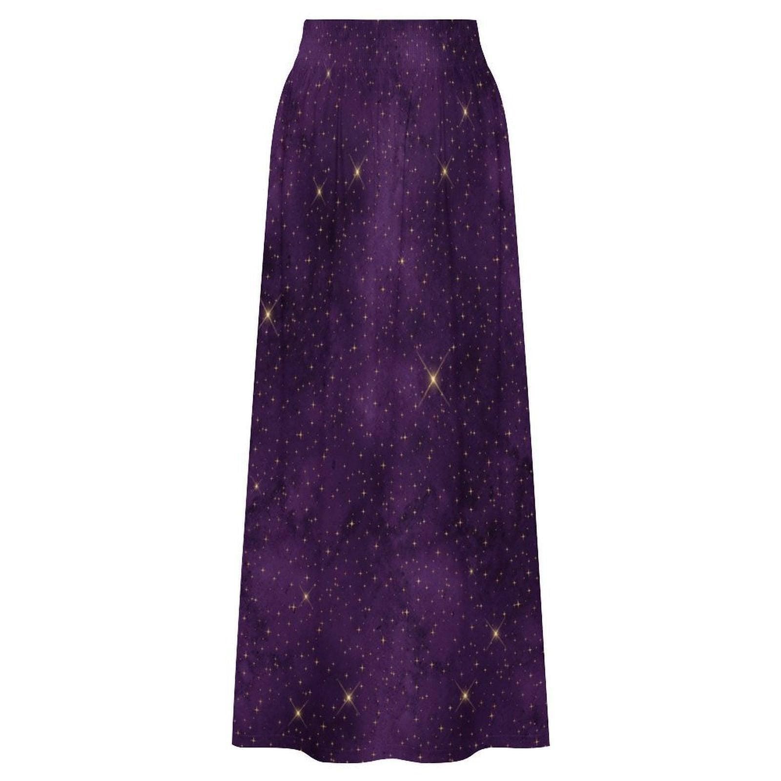 Purple Star Print Maxi Skirt, Celestial High Waist A Line, Cosmic Boho Festival Style