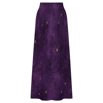 Purple Star Print Maxi Skirt, Celestial High Waist A Line, Cosmic Boho Festival Style