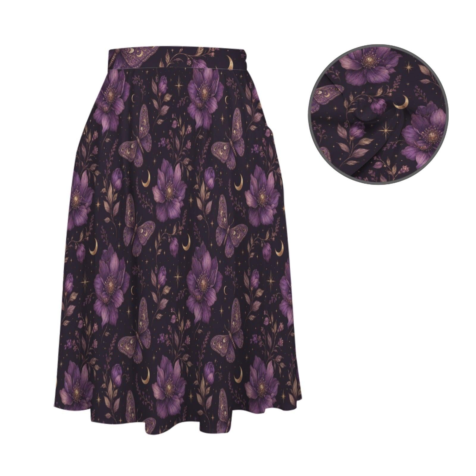 Celestial Butterfly Midi Skirt, Purple Moon Floral Print, Witchy Pockets Flowy Skirt