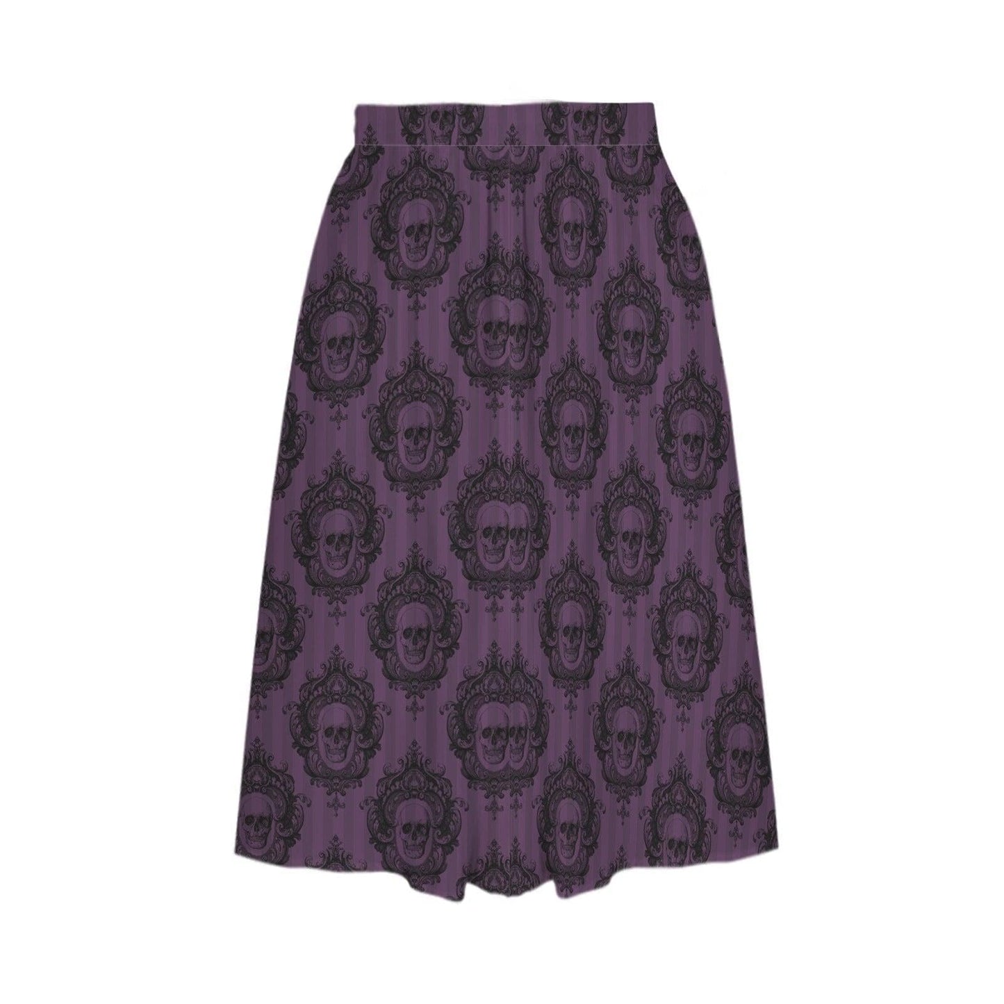 Whimsigoth Midi Skirt, Purple Ornamental Damask Print, High Waist A-Line, Pockets