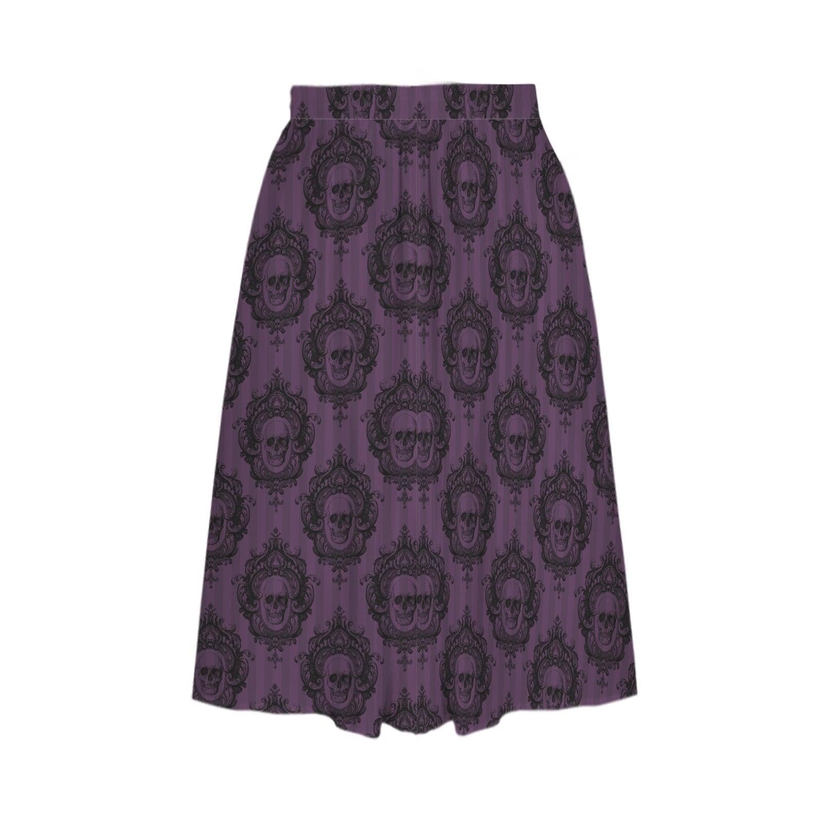 Whimsigoth Midi Skirt, Purple Ornamental Damask Print, High Waist A-Line, Pockets