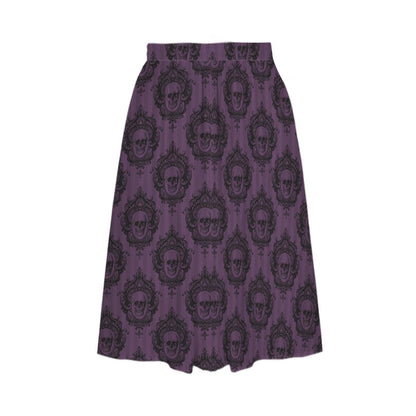 Whimsigoth Midi Skirt, Purple Ornamental Damask Print, High Waist A-Line, Pockets