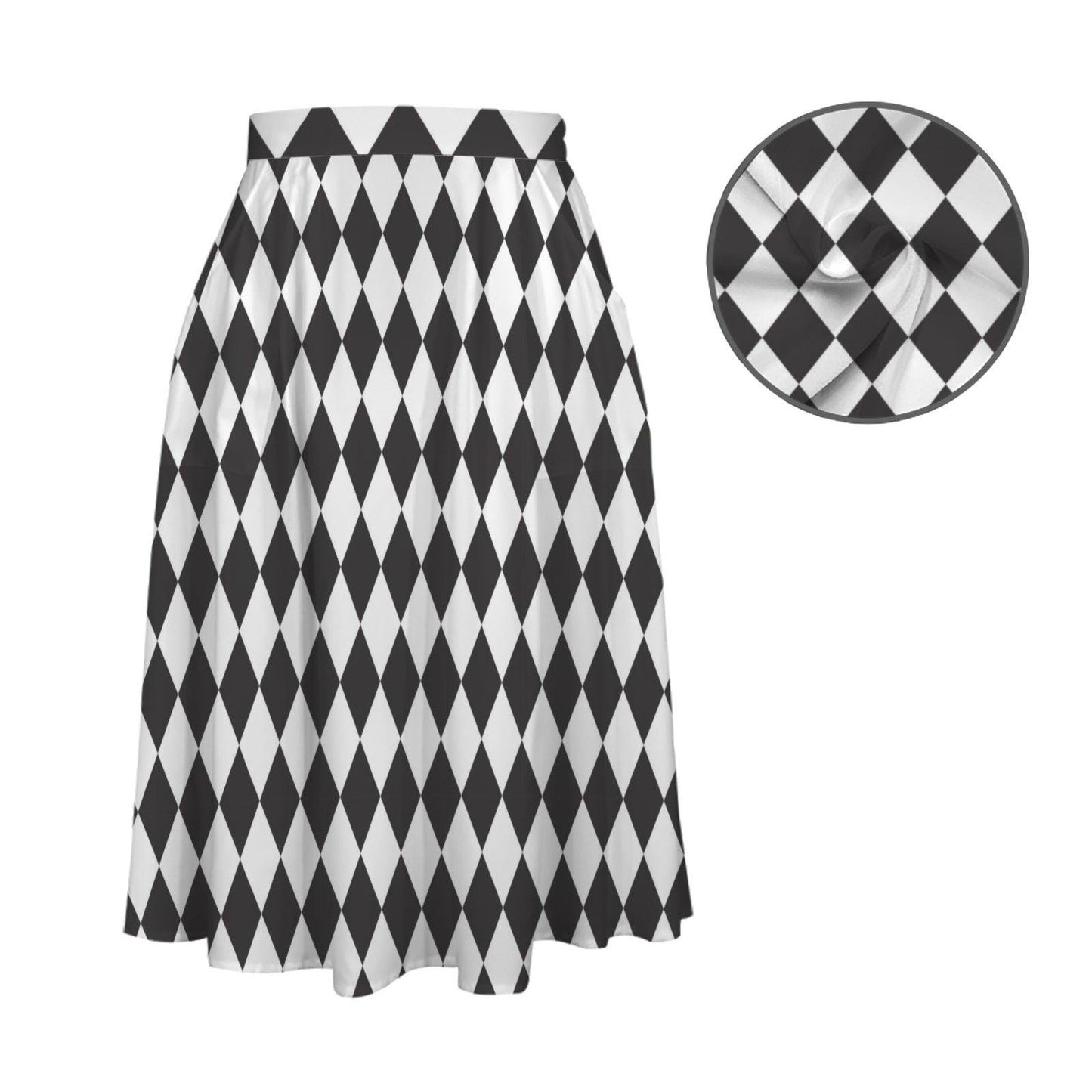 Checkered Midi Skirt with Pockets, Black White Harlequin Print, Mod Y2K Style