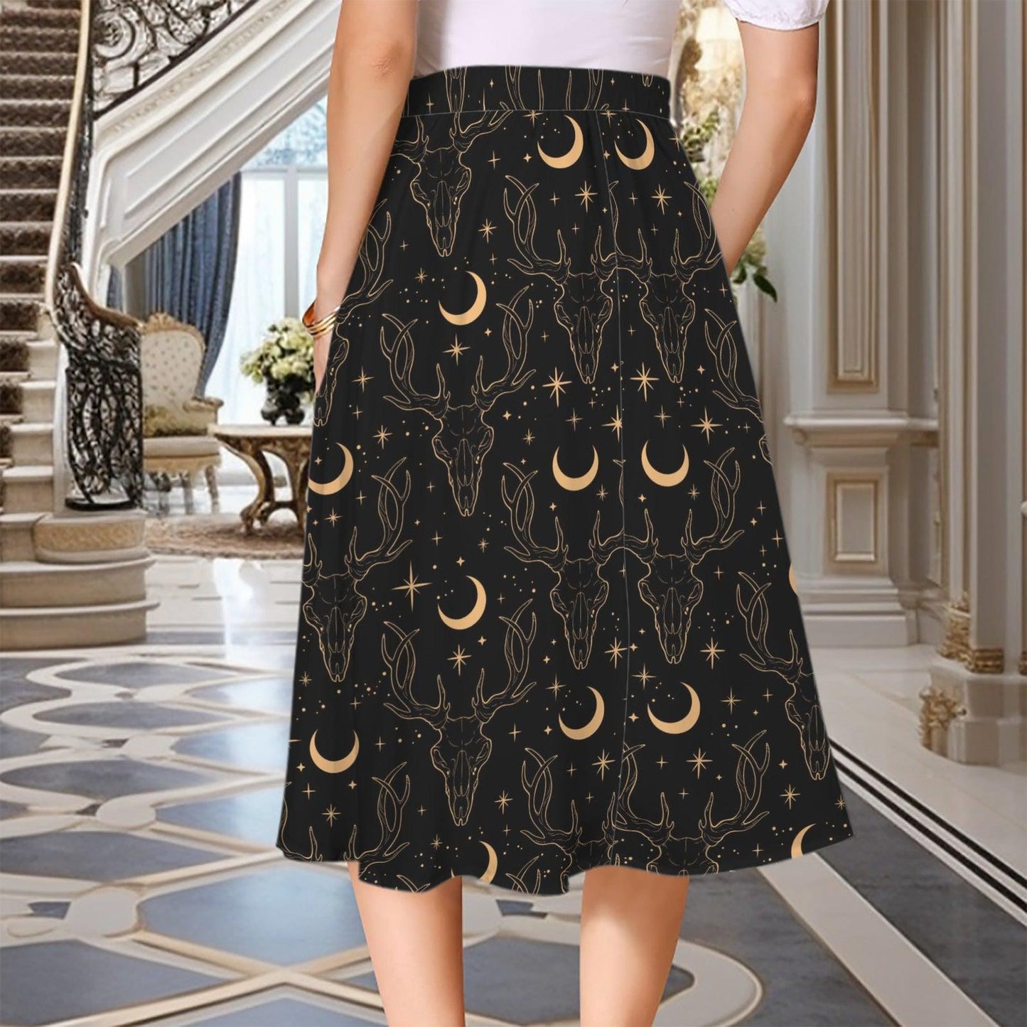 Black Celestial Maxi Skirt, Gold Moon Stars Print, High Waist Flowy Pockets