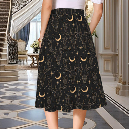 Black Celestial Maxi Skirt, Gold Moon Stars Print, High Waist Flowy Pockets