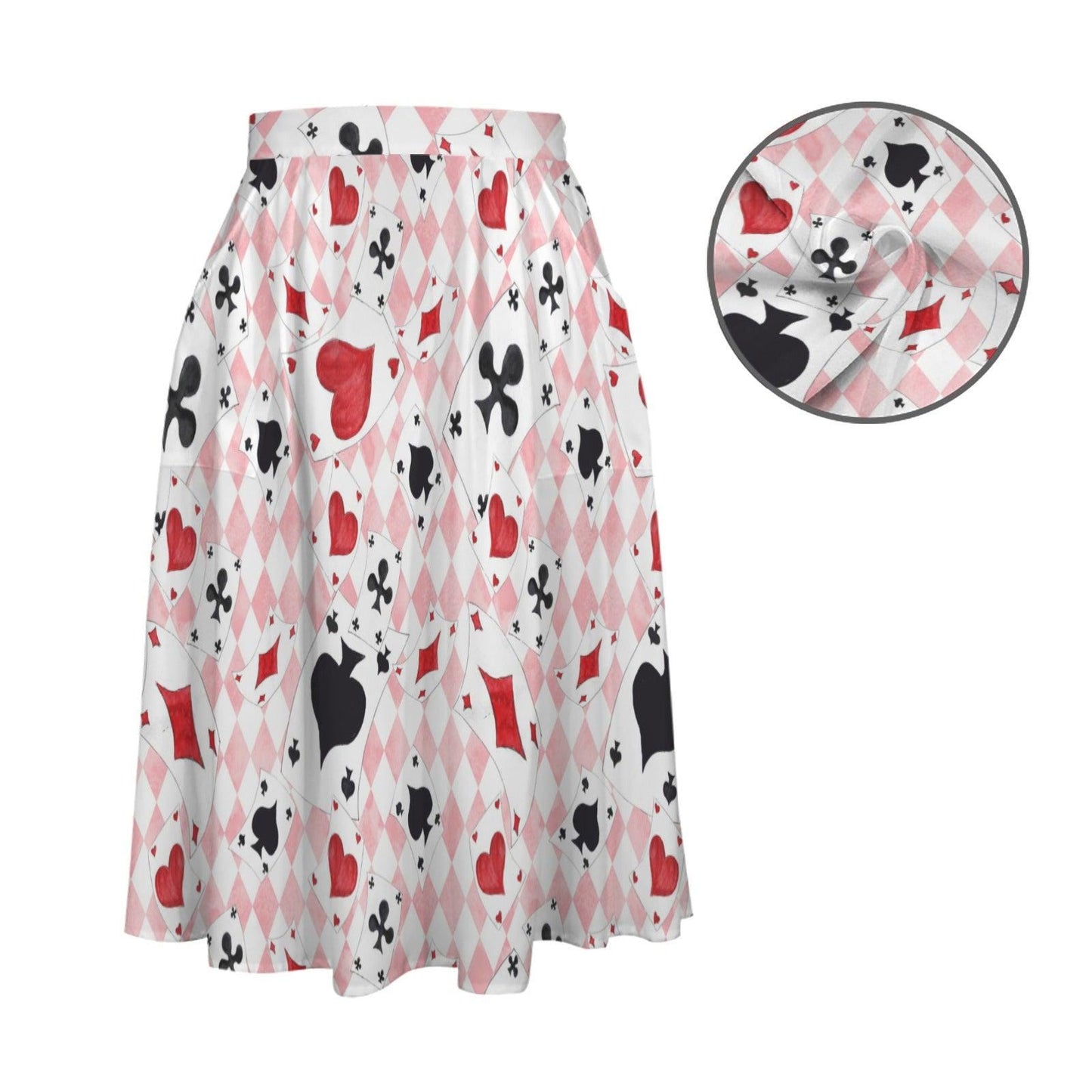 Alice In Wonderland Midi Skirt, Pink Harlequin Playing Card Print, High Waist Pockets