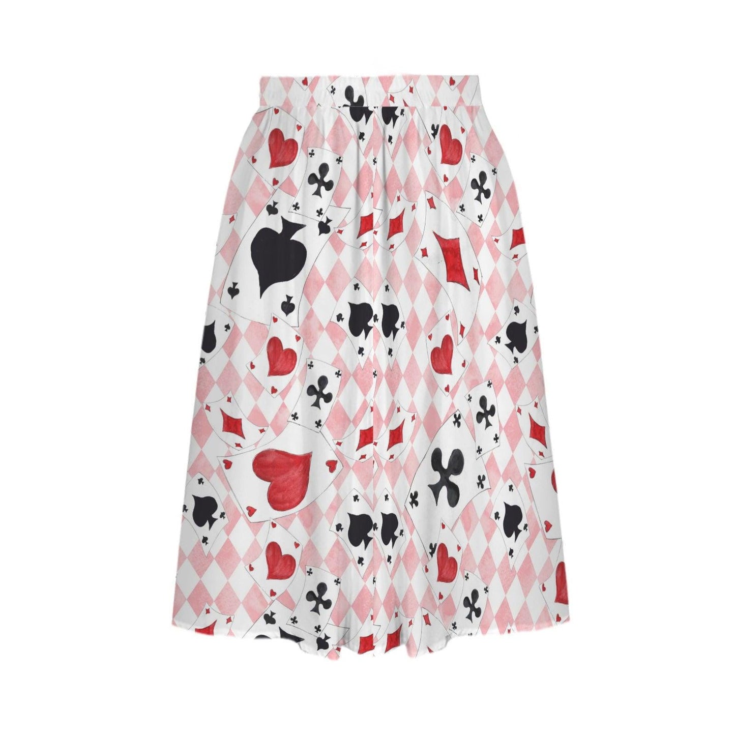 Alice In Wonderland Midi Skirt, Pink Harlequin Playing Card Print, High Waist Pockets
